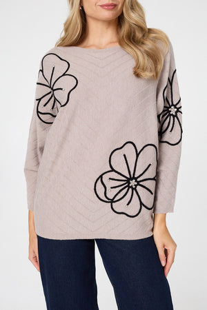 Beige | Floral Sparkle Batwing Sleeve Jumper
