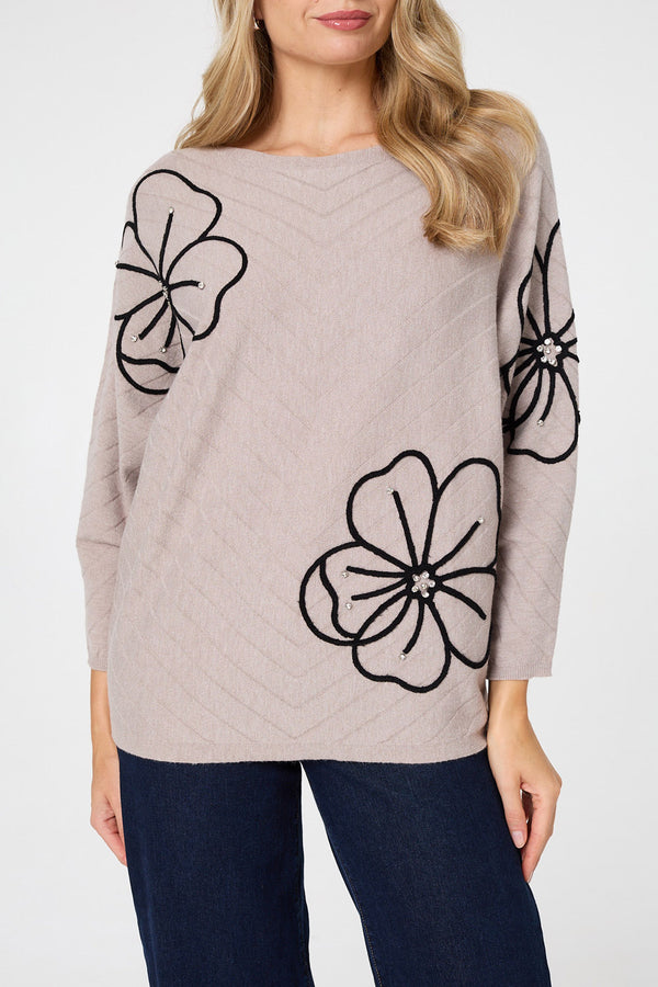 Beige | Floral Sparkle Batwing Sleeve Jumper
