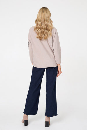 Beige | Floral Sparkle Batwing Sleeve Jumper
