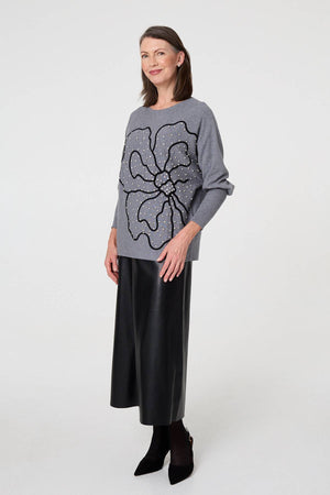 Grey | Sparkle Floral Trim Batwing Sleeve Top
