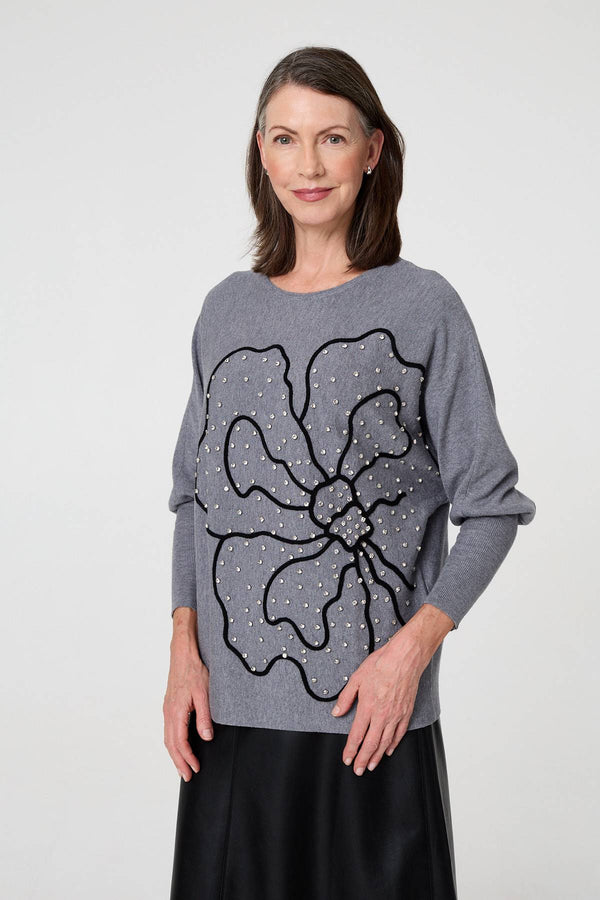 Grey | Sparkle Floral Trim Batwing Sleeve Top
