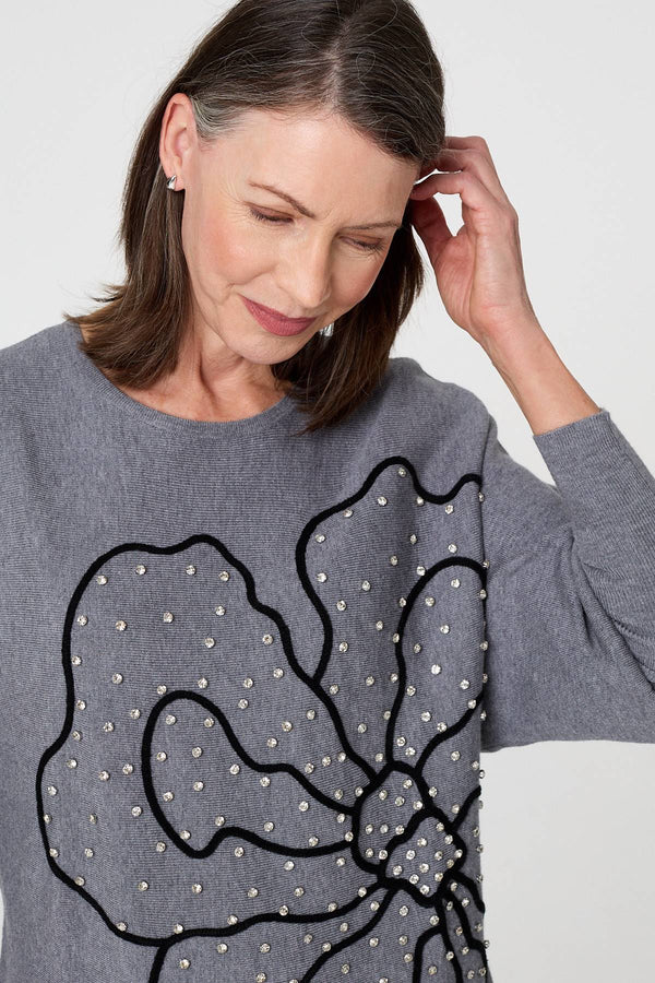 Grey | Sparkle Floral Trim Batwing Sleeve Top
