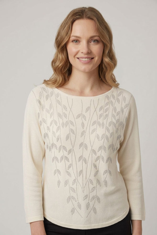 White | Sparkle Leaf Detail Batwing Jumper