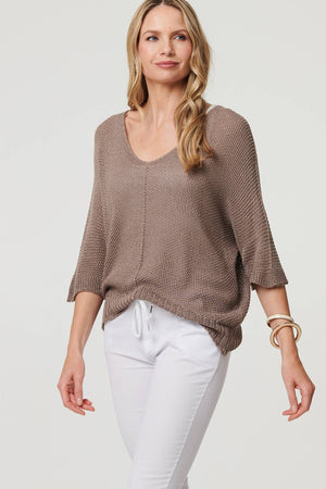 Brown | Sheer Mesh Texture 3/4 Sleeve Jumper