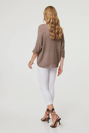 Brown | Sheer Mesh Texture 3/4 Sleeve Jumper