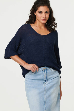 Navy | Sheer Mesh Texture 3/4 Sleeve Jumper