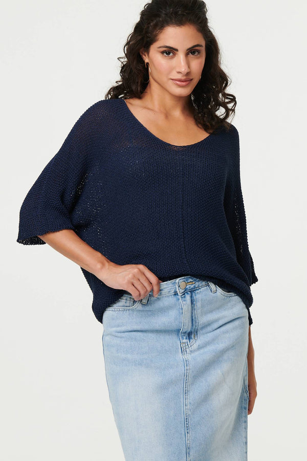Navy | Sheer Mesh Texture 3/4 Sleeve Jumper