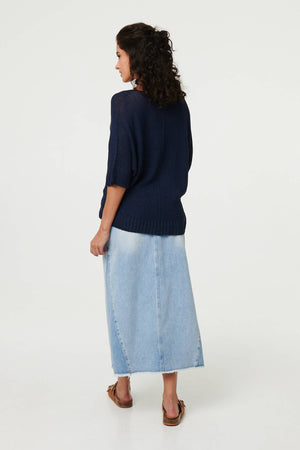 Navy | Sheer Mesh Texture 3/4 Sleeve Jumper