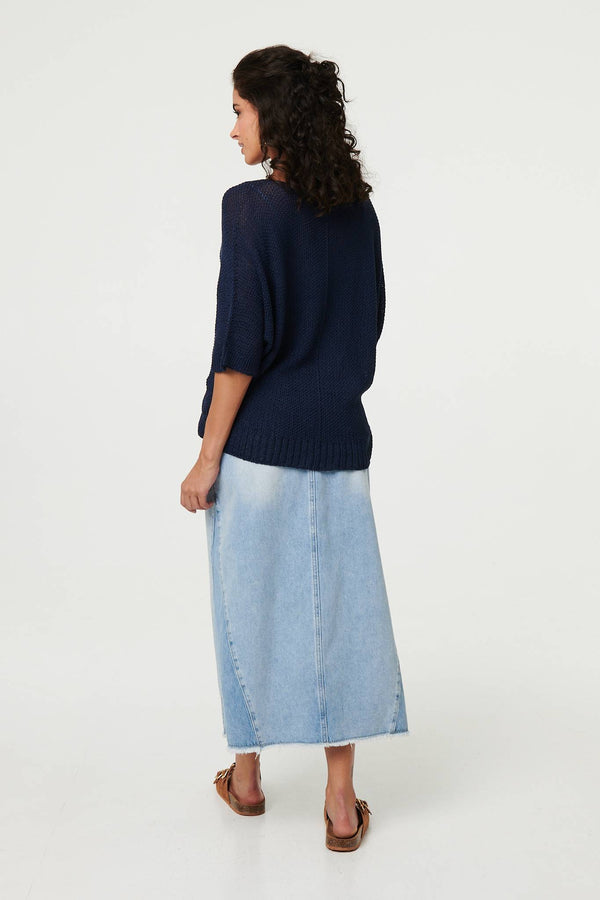 Navy | Sheer Mesh Texture 3/4 Sleeve Jumper