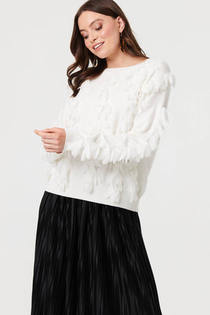 White | Feather Embellished Long Sleeve Jumper