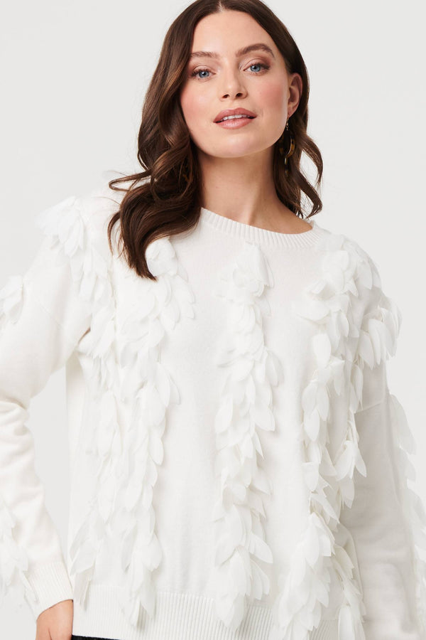 White | Feather Embellished Long Sleeve Jumper