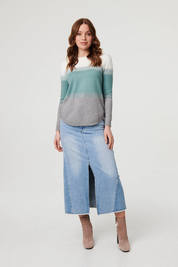 Green | Sparkly Colour Block Curve Hem Jumper
