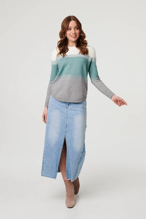 Green | Sparkly Colour Block Curve Hem Jumper
