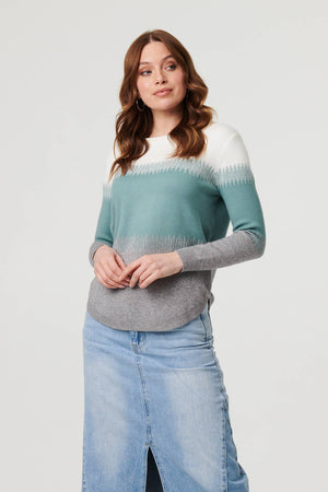 Green | Sparkly Colour Block Curve Hem Jumper : Model is 5'9