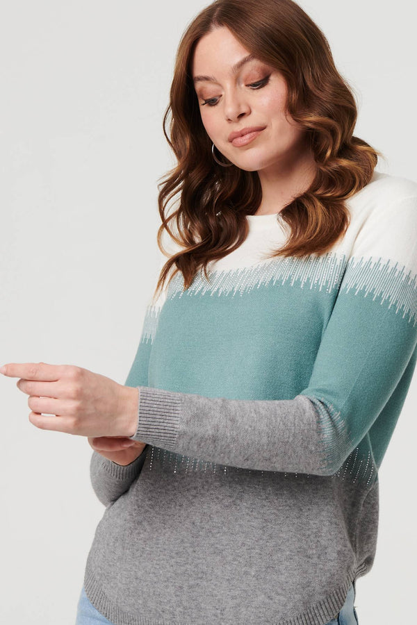 Green | Sparkly Colour Block Curve Hem Jumper
