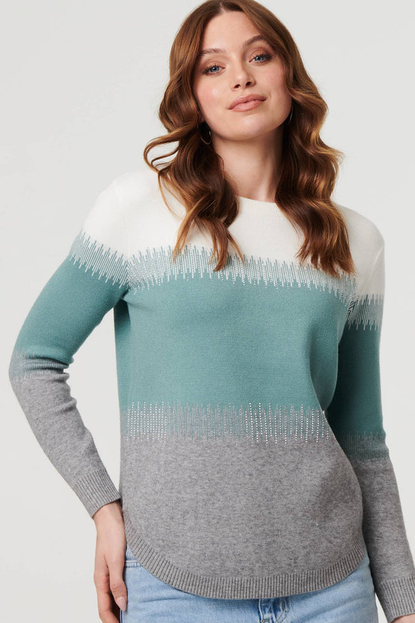 Green | Sparkly Colour Block Curve Hem Jumper
