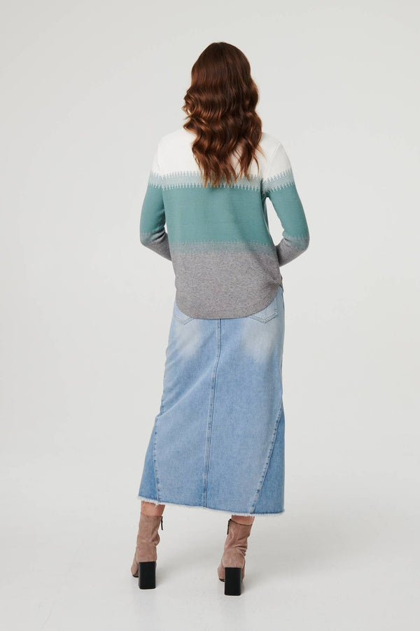 Green | Sparkly Colour Block Curve Hem Jumper
