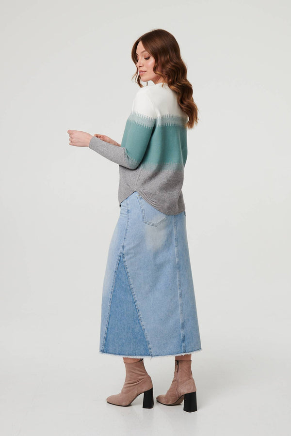 Green | Sparkly Colour Block Curve Hem Jumper
