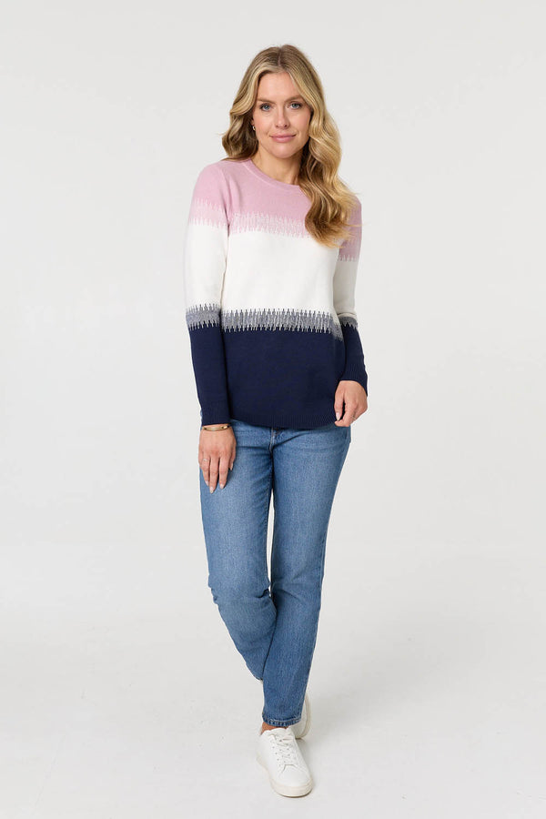 Pink | Sparkly Colour Block Curve Hem Jumper