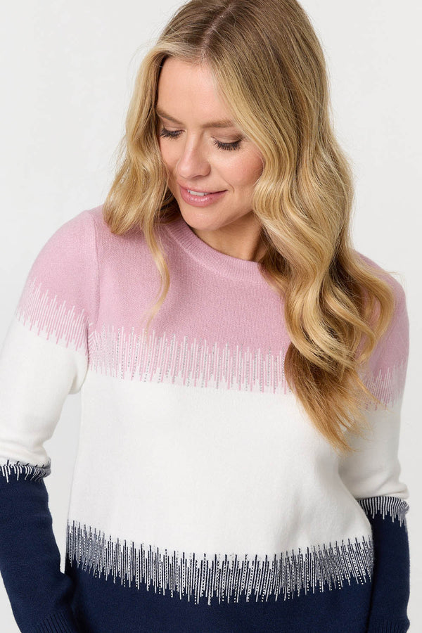 Pink | Sparkly Colour Block Curve Hem Jumper