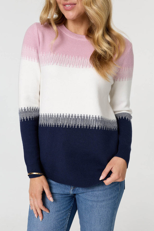 Pink | Sparkly Colour Block Curve Hem Jumper