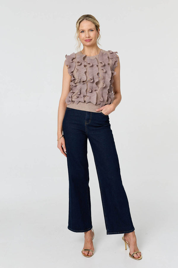 Beige | Ruffle Embellished Sleeveless Knit Top
