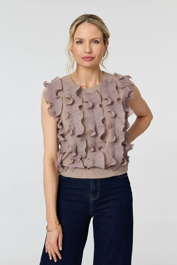 Beige | Ruffle Embellished Sleeveless Knit Top : Model is 5'10"/178 cm and wears UK10/EU38/US6/AUS10