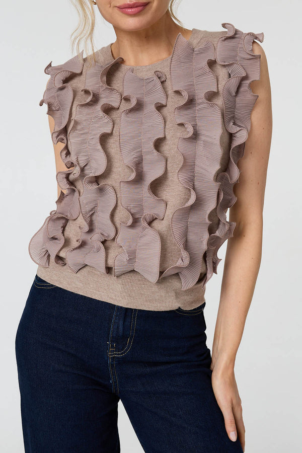Beige | Ruffle Embellished Sleeveless Knit Top