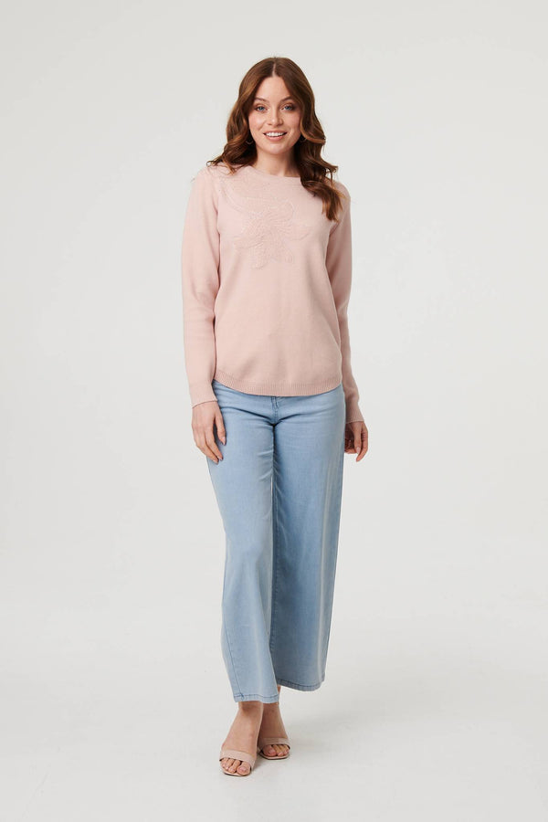 Pink | Sparkle Detail Floral Embroidered Jumper
