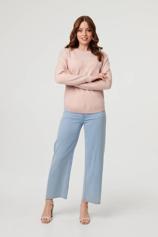 Pink | Sparkle Detail Floral Embroidered Jumper
