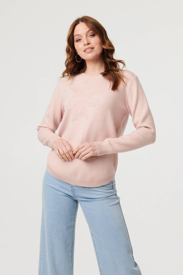 Pink | Sparkle Detail Floral Embroidered Jumper
