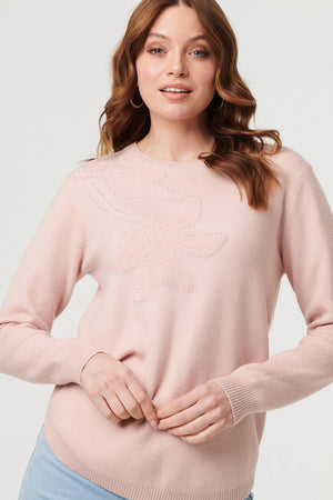 Pink | Sparkle Detail Floral Embroidered Jumper
