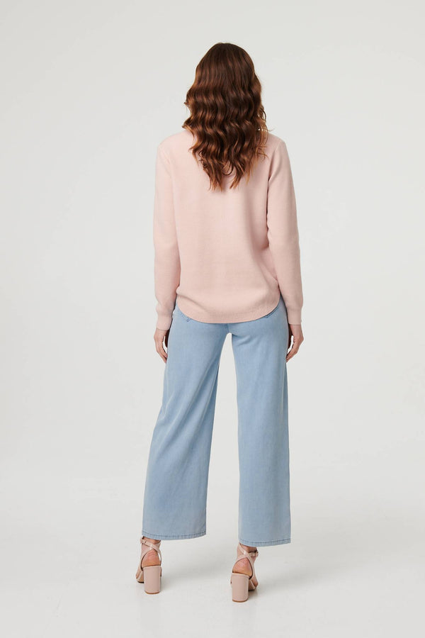 Pink | Sparkle Detail Floral Embroidered Jumper
