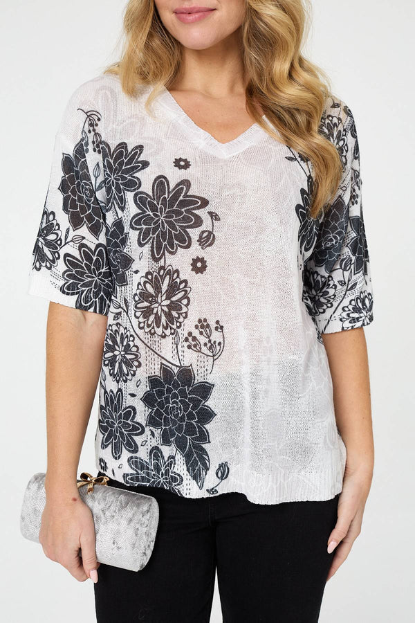 Sage | Floral Relaxed Open Knit Top