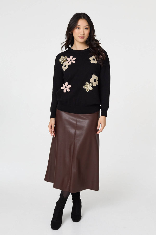 Black | Sequin Floral Embellished Relaxed Jumper
