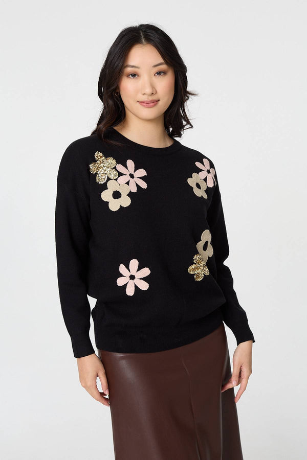 Black | Sequin Floral Embellished Relaxed Jumper
