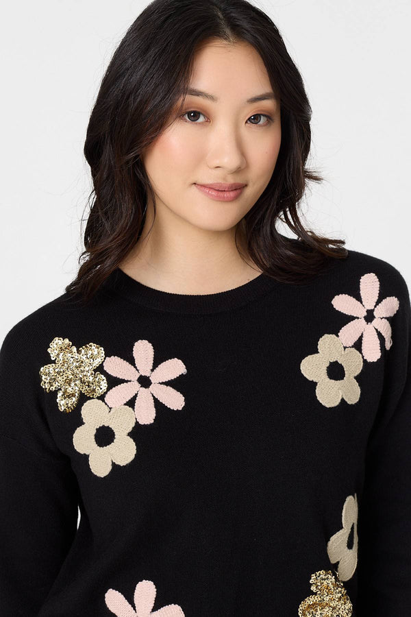 Black | Sequin Floral Embellished Relaxed Jumper
