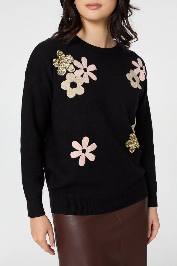 Black | Sequin Floral Embellished Relaxed Jumper
