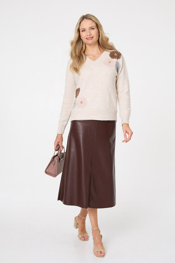 Beige | Floral Embroidered Detail V-Neck Jumper
