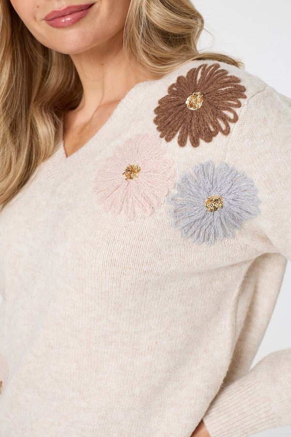 Beige | Floral Embroidered Detail V-Neck Jumper
