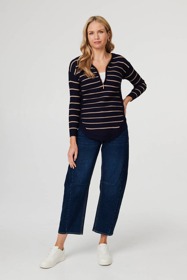 Navy | Striped Zip-Neck Textured Knit Top
