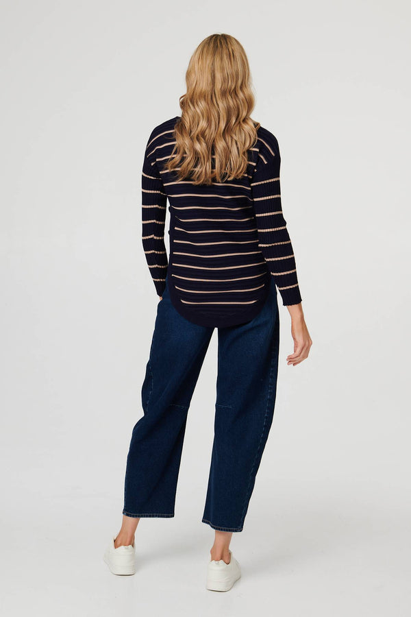 Navy | Striped Zip-Neck Textured Knit Top
