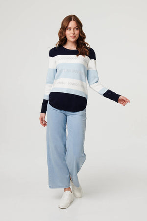 Navy | Diamante Trim Striped Slim Jumper
