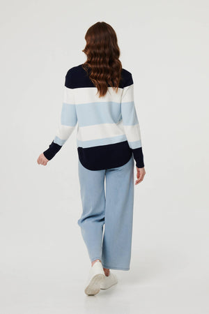 Navy | Diamante Trim Striped Slim Jumper
