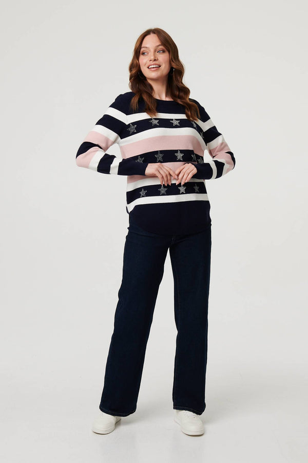Navy | Sparkly Star Embellished Stripe Jumper

