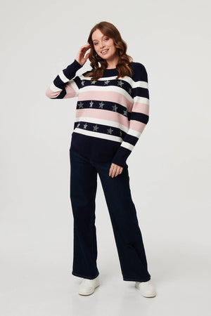Navy | Sparkly Star Embellished Stripe Jumper
