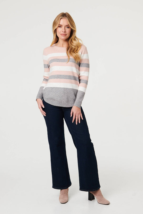 Pink | Sparkly Striped Print Curve Hem Jumper
