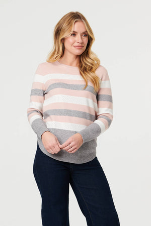 Pink | Sparkly Striped Print Curve Hem Jumper
