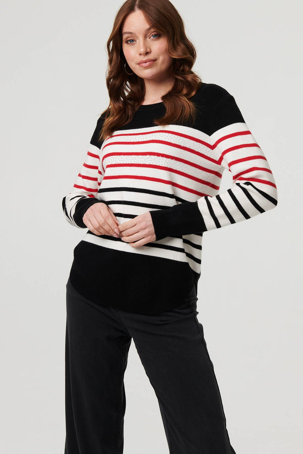 Black | Diamante Trim Striped Jumper

