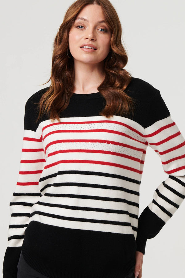 Black | Diamante Trim Striped Jumper
